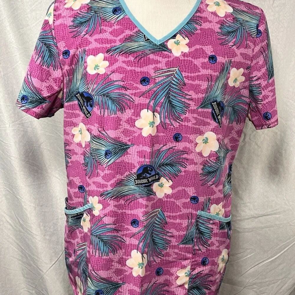 Jurassic World Nurse Scrub Top Men’s XL Tropical Palm Print Medical - Picture 1 of 14